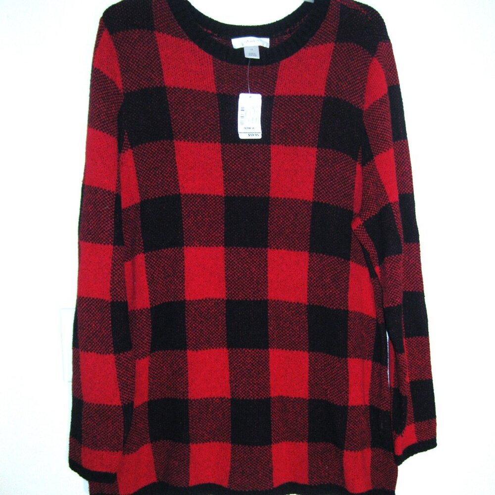 CJ Banks Sweater Womens Plus Size 1X Black Red Check Pullover Long Sleeves NWT